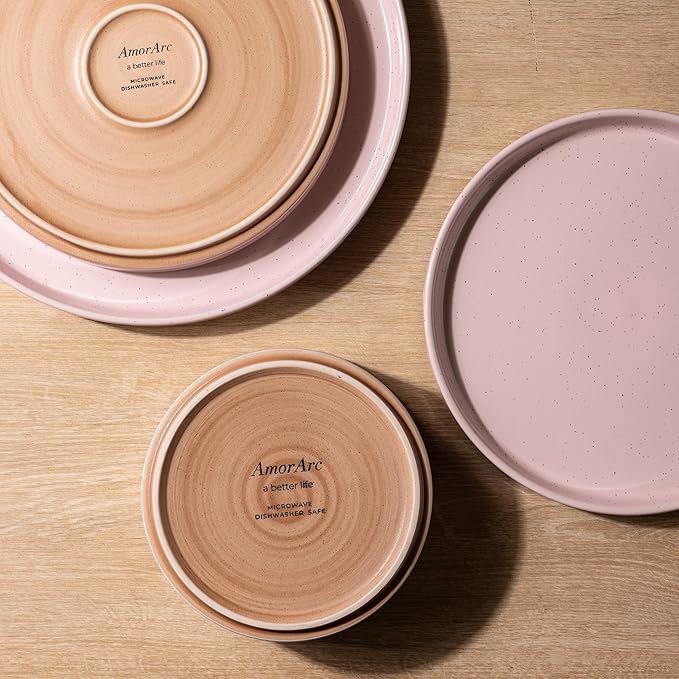 AmorArc Ceramic Dinnerware Set for 4 | Speckled Stoneware Plates and Bowls with unglazed terracotta | Scratch Resistant, Dishwasher & Microwave Safe Dishes Sets- 12-Pcs Pink