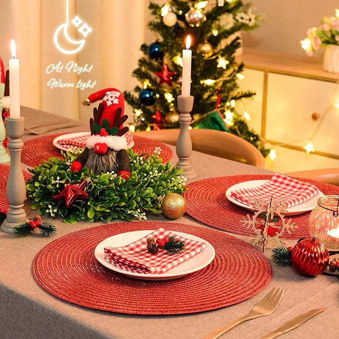 AHHFSMEI Round Braided Placemats 15 Inch Round Table Mats for Dining Tables Natural Woven Heat Resistant Place mats Set of 6 (Red Shine)