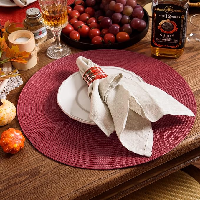 AHHFSMEI Round Braided Placemats 15 Inch Round Table Mats for Dining Tables Natural Woven Heat Resistant Place mats Set of 6 (Burgendy Red)