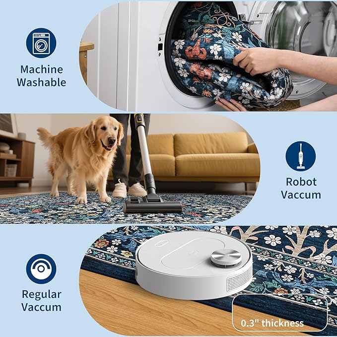 GarveeHome Kitchen 2x6 Runner Rug, Floral Washable Rugs for Hallways Non Slip Stain Resistant, Boho Soft Rug Botanical Carpet for Entryway, Laundry Room, Bedroom Floor Mat, Dark Blue