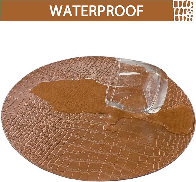 Jovono Round Leather Placemats for Round Tables Set of 4, Brown Place Mats and Coasters, Wipeable Waterproof Heat Resistant Table Mats Easy to Care for Indoor Decor 13 inch Diameter