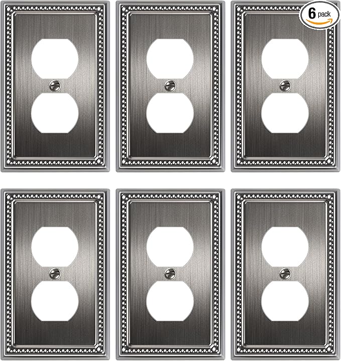 6-Pack Duplex Outlet Cover, Antique Silver Metal Wall Plates for Electrical Outlets, 1 Gang Receptacle Light Switch Cover, Pearls Beaded Decorative Switch Plates and Outlet Covers