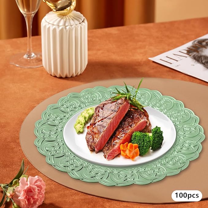 Charger Plates, 100pcs Green 13inch Plastic Dinner Plate, Round Plastic Dinner Plate with Delicate Texture for Parties Wedding (Green)