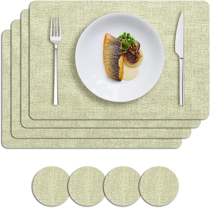 MOSAYT Faux Leather Placemats Set of 6, Heat Resistant Vinyl Place Mats with Coasters, Wipeable Washable Waterproof Oil Proof Table Mats for Kitchen Dining Indoor Outdoor, 12" x 17", Sage Green