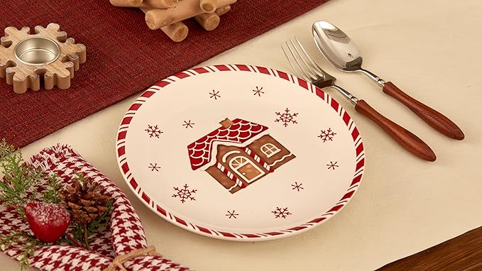 Bico Traditional Christmas Gingerbread Man Salad Plates Set of 4, 8.75 Inch Ceramic Dessert Plates for Salad, Appetizer, Side Dishes, Microwave and Dishwasher Safe, Gift for Housewarming and Christmas