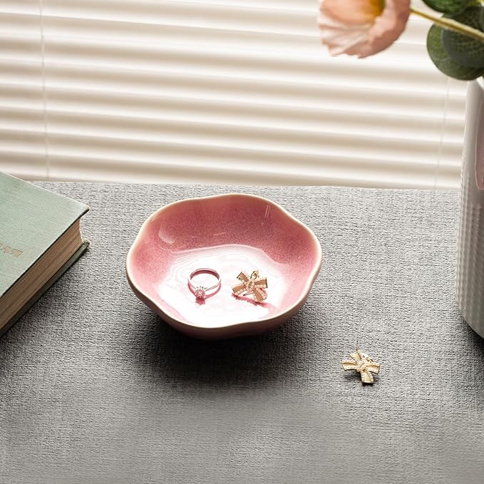 Ceramic Jewelry Tray Ring Holder Dish Floral Trinket Bowl for Women Girls Jewelry Organizer for Vanity Dresser Decor Wedding Birthday Gift for Her (pink)