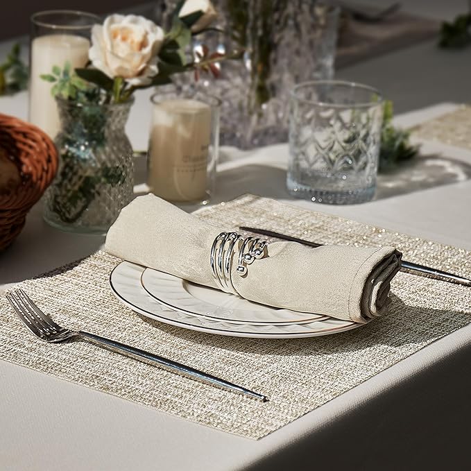 Leetaltree Luxury Beige and Gold Woven Placemats Set of 6 - Waterproof Washable Textured Table Mats for Wedding, Anniversary, Daily Use - Sparkling Metallic Thread Table Decor - Hand-Cut