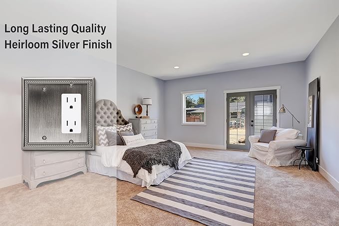 Henne Bery Sunken Pearls Heavy Duty Decorative Wall Plate Switch Plate Outlet Cover (Blank/Decorator, Heirloom Silver)