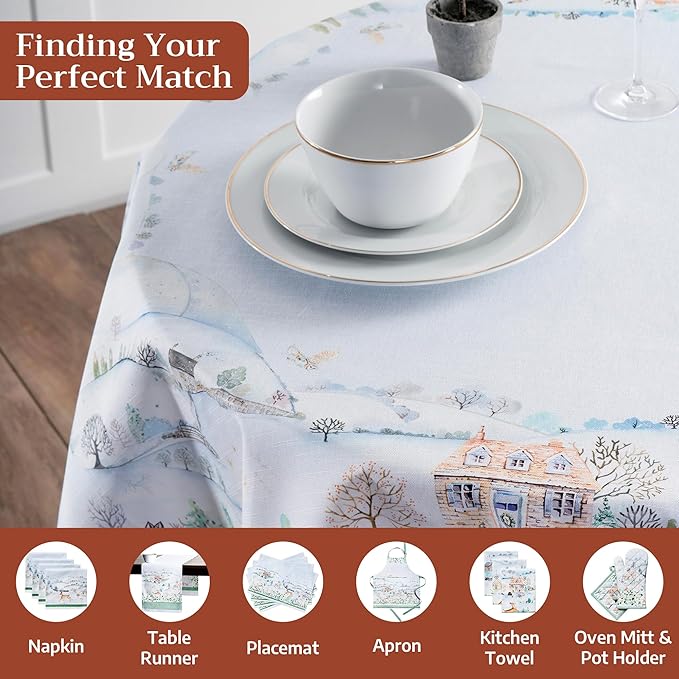 Maison d' Hermine Table Cloth Round Table 100% Cotton 63 Inches Fall Tablecloth Reusable Everyday Use for Thanksgiving Christmas Decorations Dining Farmhouse Party (Snowy World)