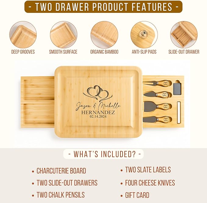 Personalized Bamboo Charcuterie Board Set with Accessories – Custom Large Serving Tray with Knives for Wedding, Anniversary, Bridal Shower, Women, Housewarming, Gift for Couples, Valentines Day Gifts