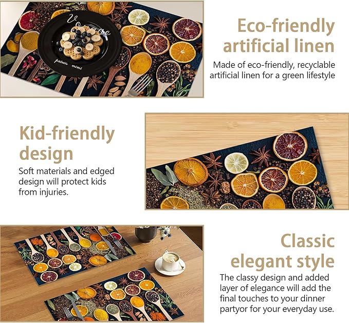 Placemats, Colorful Spices Placemats 12x18 Inch Waterproof Non-Slip Washable Table Mats for Kitchen Dining Party Table Decor,Set of 6