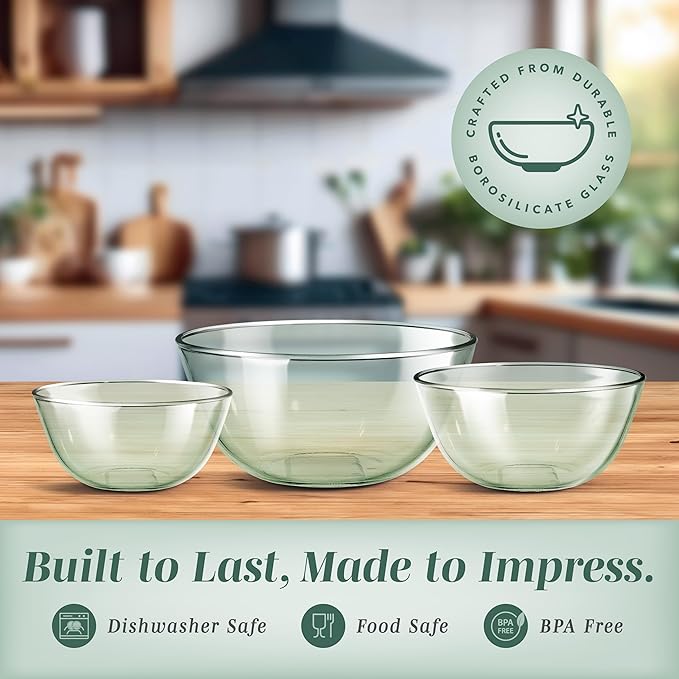 COOK WITH COLOR 12 Pc Glass Mixing Bowl Set with Lids – Borosilicate Glass Nesting Bowls for Cooking, Baking and Meal Prep, Colored Green