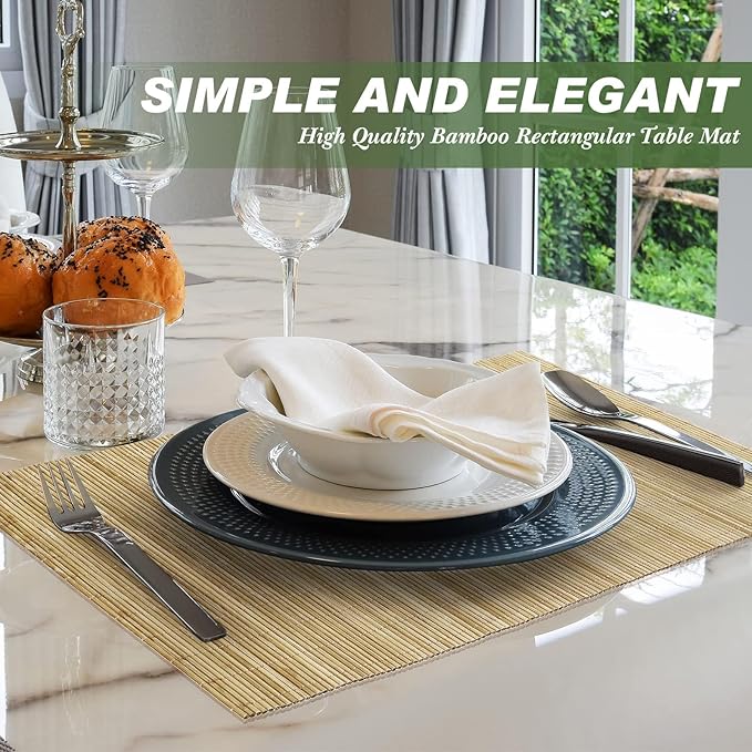 Patelai 12 Set Bamboo Placemats 15.8 x 12 Inch Sushi Rolling Mat Japanese Style Wicker Placemats Washable Heat Resistant Table Mats for Dinner Kitchen Wedding Party (Natural)