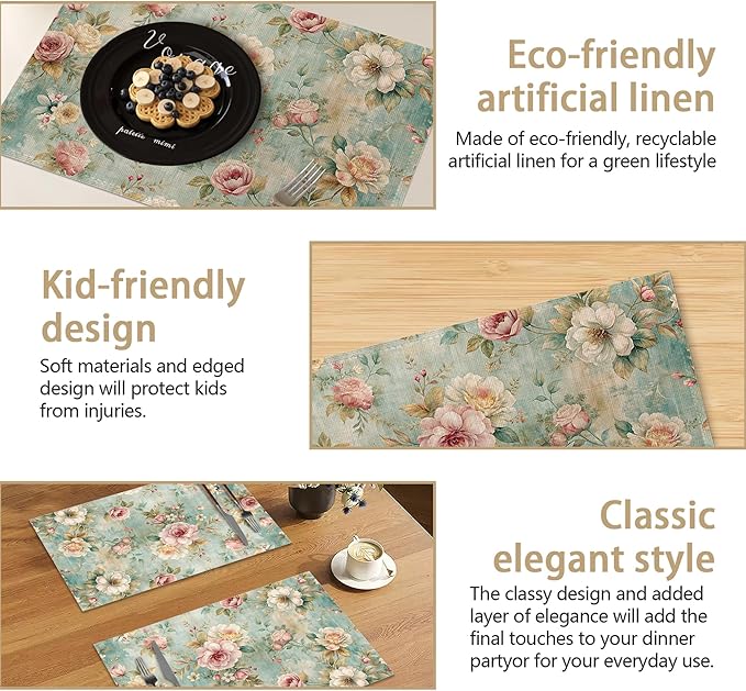 Pink Flowers Leaves Placemats Set of 6, Linen Washable for Christmas, Thanksgiving, Party, and Daily Dining, Decorative Table Mats for 4-6 Person Table