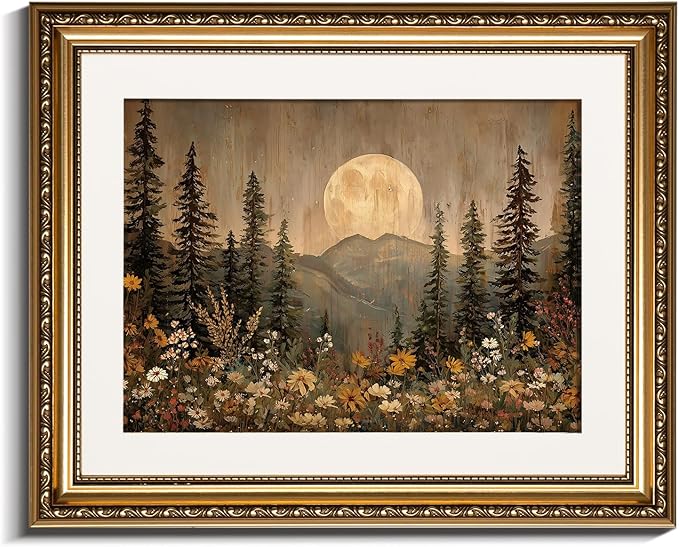 InSimSea Gold Picture Framed Wall Art, Living Room Vintage Nature Forest Wall Decor, Dark Moon Landscape Canvas Print Art, Home Farmhouse Decor, Antique Paintings with Frame 13x16inch