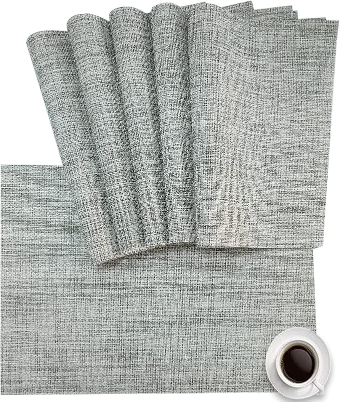 DACHUI Placemats Set of 6, Linen Look Woven Place Mats, Water Resistant, Heat Resistant, Washable, Durable Table Mats (Light Grey)