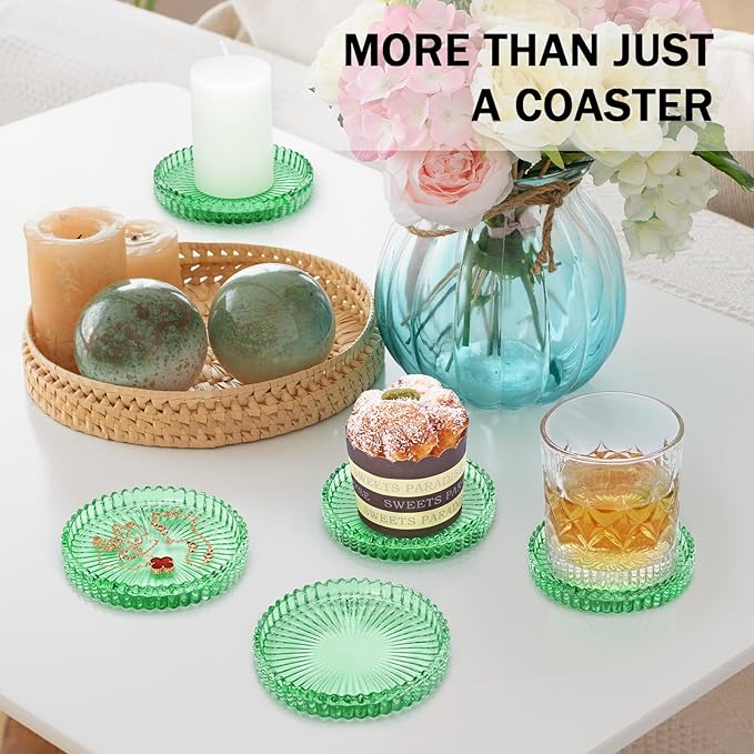 Vintage Glass Coasters, GOH DODD Set of 8 Crystal Coasters Tabletop Protection for Drinks, Home Decor, Kitchen, Living Room, Patio, Wedding, Party, Housewarming Gifts, Clear Green