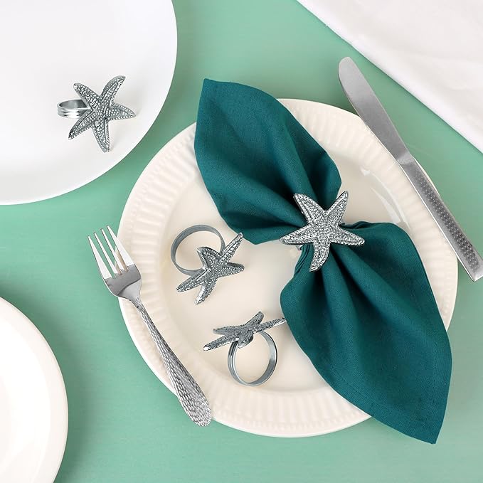 12-Pack Elegant Metal Napkin Rings - Starfish Coastal Table Decor for Dinner Parties Banquet Weddings Family Gatherings Decorative Table Settings Gift (Silver) - ALPHA Living HOME
