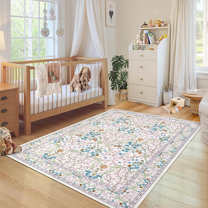 GarveeHome Floral 3x5 Area Rugs for Entryway, Washable Kitchen Rug Non Slip, Low Pile Bedroom Rug, Ultra Soft Stain Resistant Small Carpet for Laundry Room, Pink