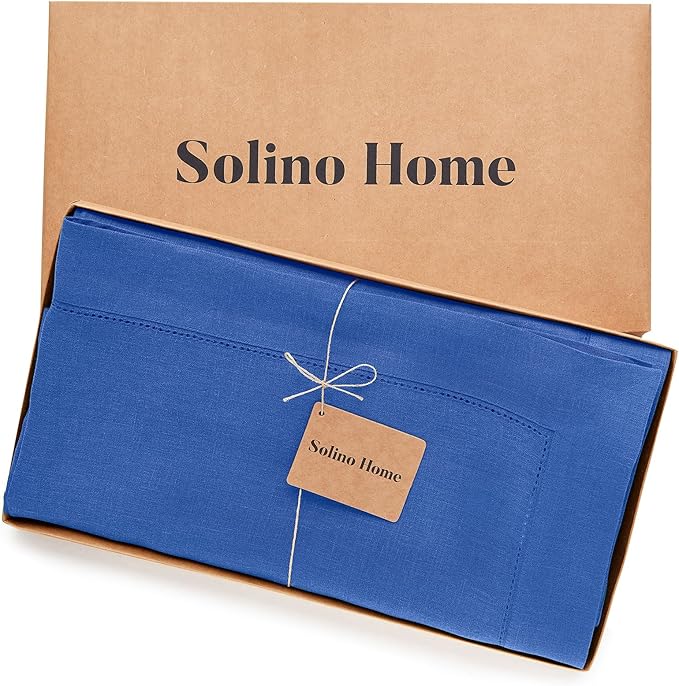 Solino Home Royal Blue Linen Tablecloth 60 x 144 Inch - 100% Pure Linen Hemstitch Table Cloth for Rectangle Tables - Classic Hemstitch, Machine Washable Tablecloth for Spring