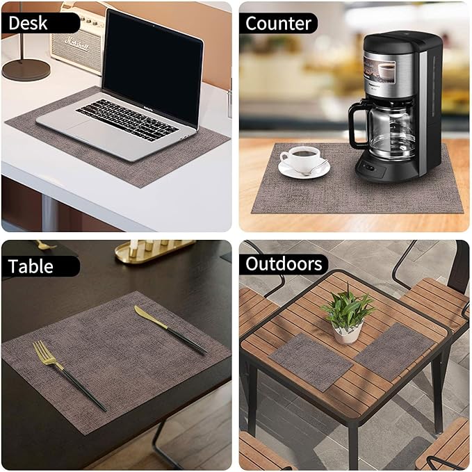 homing Faux Leather Heat Resistant Placemats 8 Packs, Waterproof Wipeable Dining PU Place Mats for Indoor & Outdoor, Easy to Clean, Brown