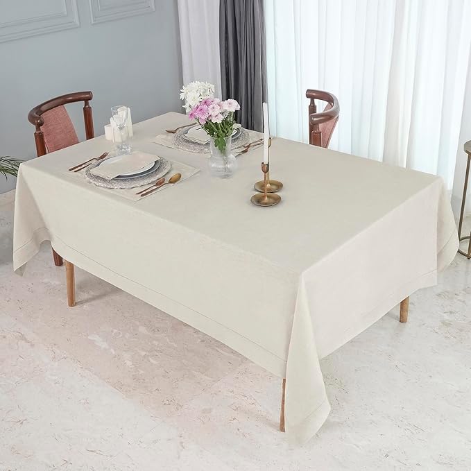 D'Moksha Homes Light Natural Linen Tablecloth for Rectangle Tables 60 x 144 Inch - 100% Pure Linen Natural Table Cloth - Classic Hemstitch, Machine Washable Dining Tablecloth for Valentines, Easter