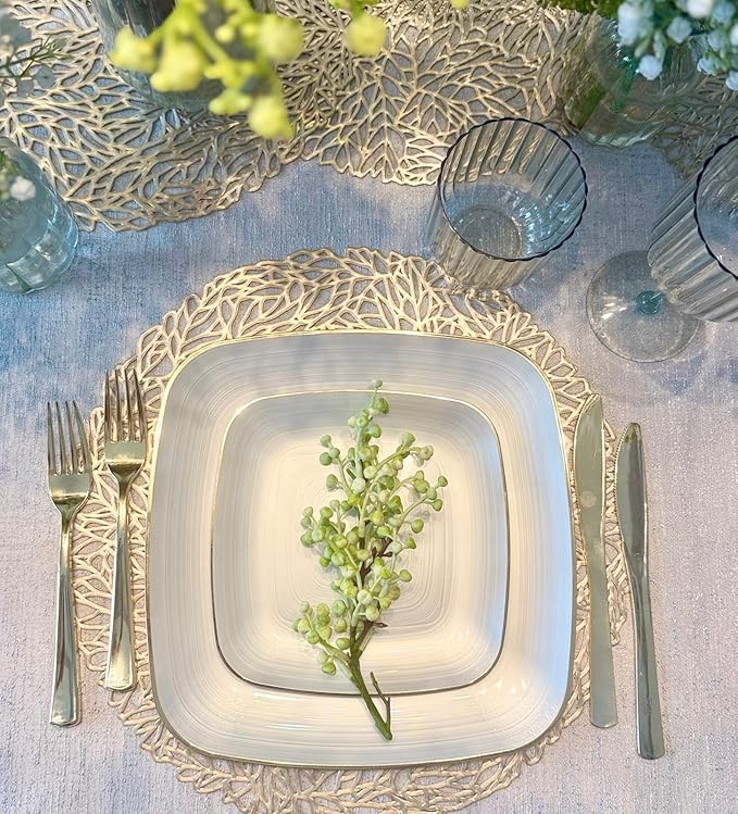 " OCCASIONS " 100 Plates Pack,(50 Guests) Premium Wedding Party Disposable Plastic Plates Set -50 x 10'' Dinner + 50 x 7'' Salad/Dessert (Belize Square in Ivory & Gold)