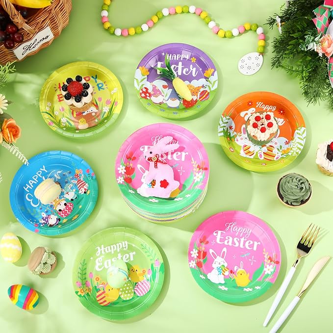 Umigy 120 Pieces Happy Easter Paper Plates Bulk 7 Inch Bunny Eggs Disposable Easter Party Spring Holiday Dinnerware Decorative Flower Dinner Plates for Spring Party Supplies, 6 Styles