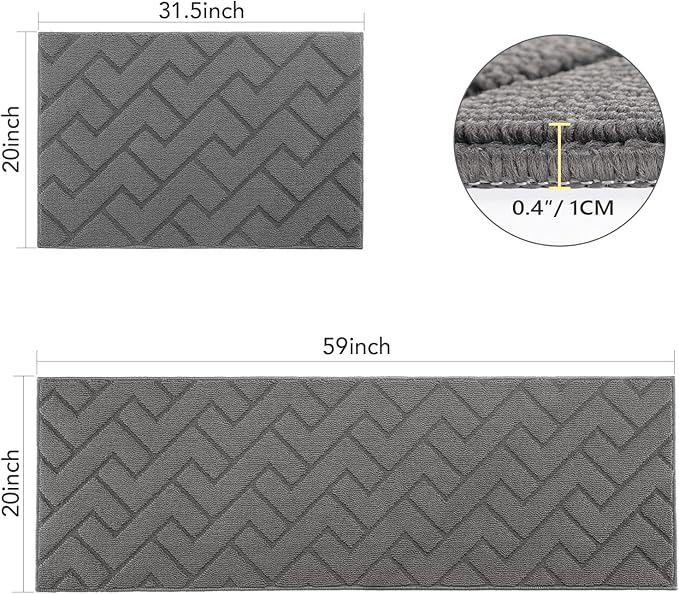 hicorfe Kitchen Rugs and Mats Sets,2 Pieces Super Absorbent Polypropylene Non-Slip Rug,Soft Comfort Floor Mat,Machine Washable for Kitchen,Hallway,Office,Sink,Laundry(20" x 32"+20" x 59",Grey)