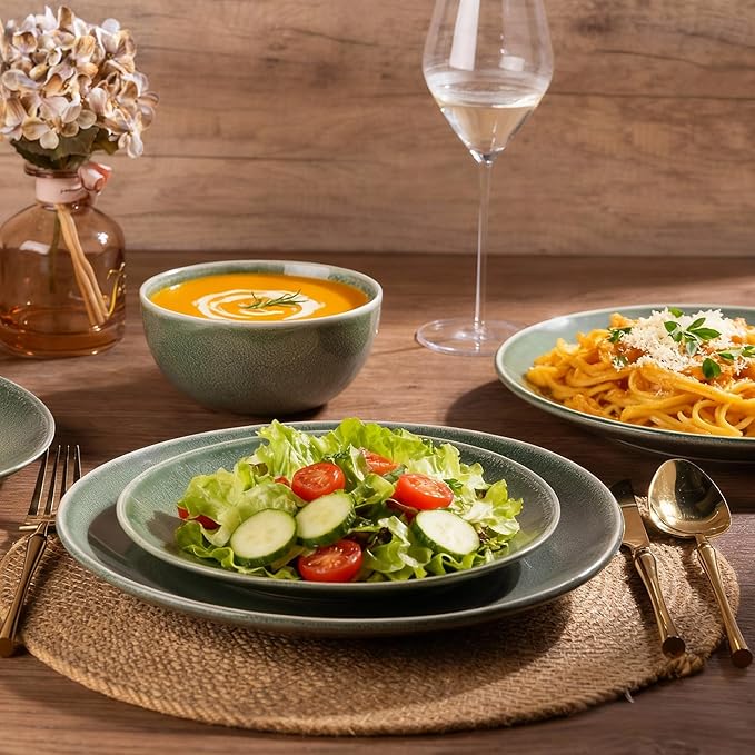 AmorArc Ceramic Dinnerware Sets for 4, 12 Pieces Handpainted Plates and Bowls Set, Scratch Resistant Stoneware Dishes Set, Dishwasher & Microwave Safe, Jade Green