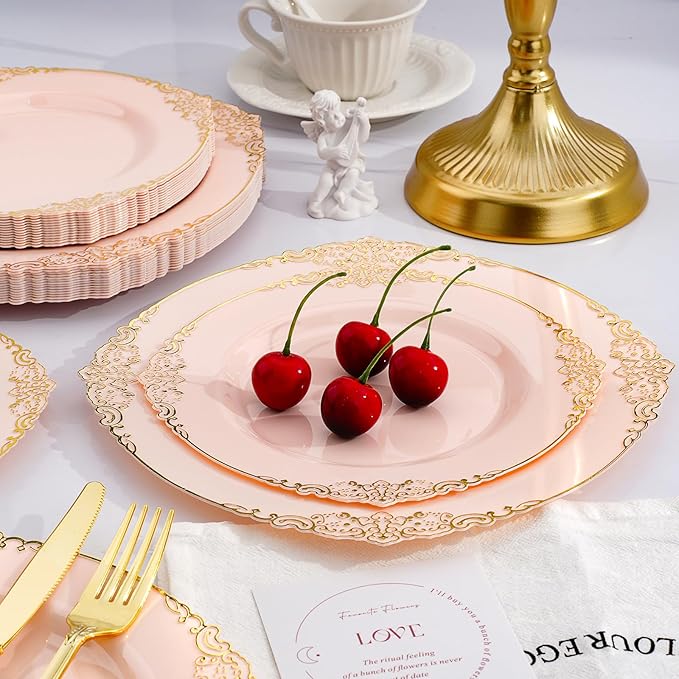 350 PCS Pink and Gold Plastic Plates, Plastic Dinnerware Set for 50 Guests, 100 Disposable Plates, 150 Silverwares, 50 Cups, 50 Napkins for Party, Wedding, Graduation