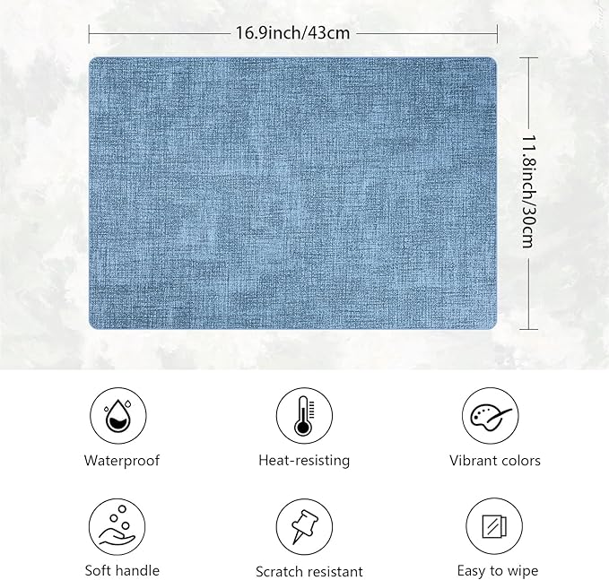 Placemats Set of 6 Faux Leather Heat Resistant Tables Mats Waterproof Oilproof Wipeable Reversible Anti-Slip Place Mats for Kitchen/Dining/Party/Outdoor 11.8" x 16.9", Light Blue