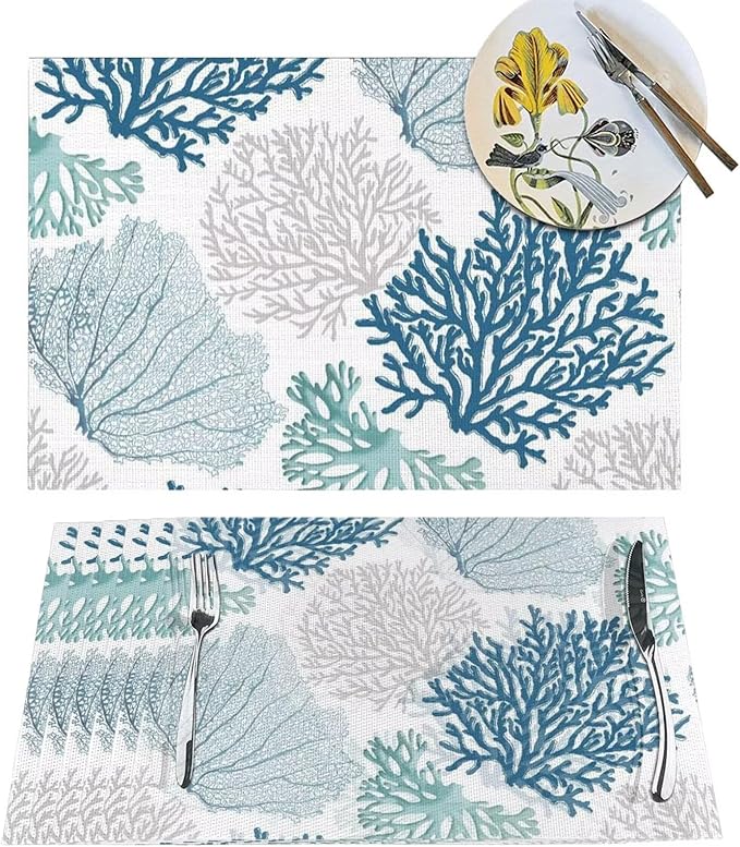 Placemats Set of 4 Nautical Blue Coral Place Mats Coastal Teal Beige Coral Woven Table Mats Washable Ocean Theme PVC Placemat for Dining Kitchen Decor Indoor Outdoor, 12 x 18 Inch
