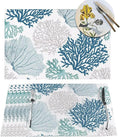 Placemats Set of 6 Nautical Blue Coral Place Mats Coastal Teal Beige Coral Woven Table Mats Washable Ocean Theme PVC Placemat for Dining Kitchen Decor Indoor Outdoor, 12 x 18 Inch
