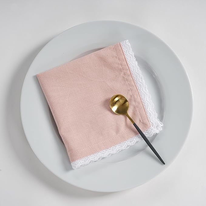 Fingercraft Dinner Cloth Napkin Cotton Linen Set of 12 Mitered Corners with Natural Elegant Lace for Everyday Use Napkins are Pre Shrunk and Good Absorbency with Lace 20x20 in Dusty Pink