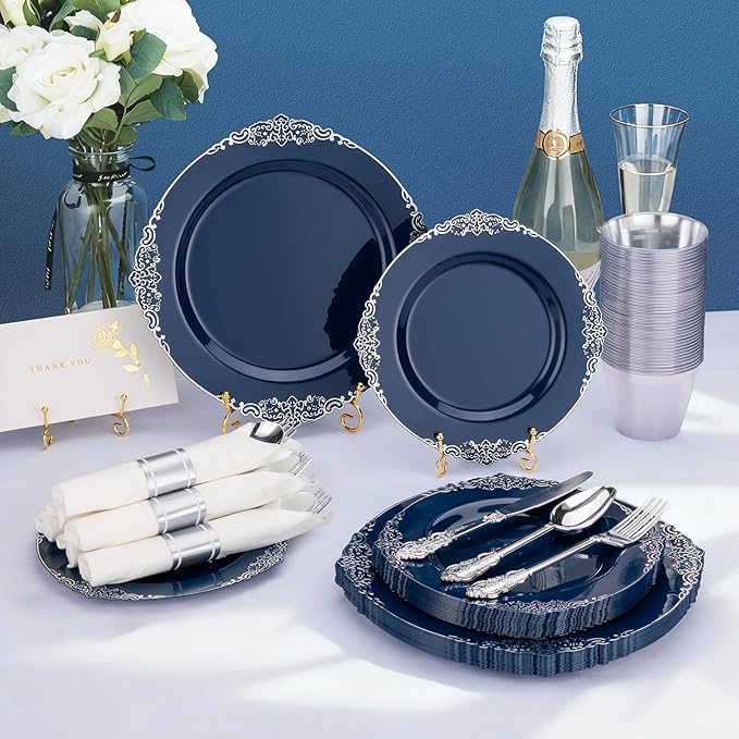 700PCS Navy Blue Plates for 100 Guests, Disposable Dinnerware Sets Include 100 Plastic Plates, 100 Silverwares, 100 Cups, and 100 Pre Rolled Napkins for Party, Wedding and Graduation
