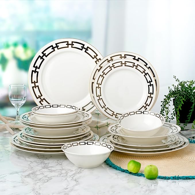 Joseph Sedgh Collection “Abbey” 20-Piece Bone China Dinnerware Set, Service for 4, Black and Gold Chain