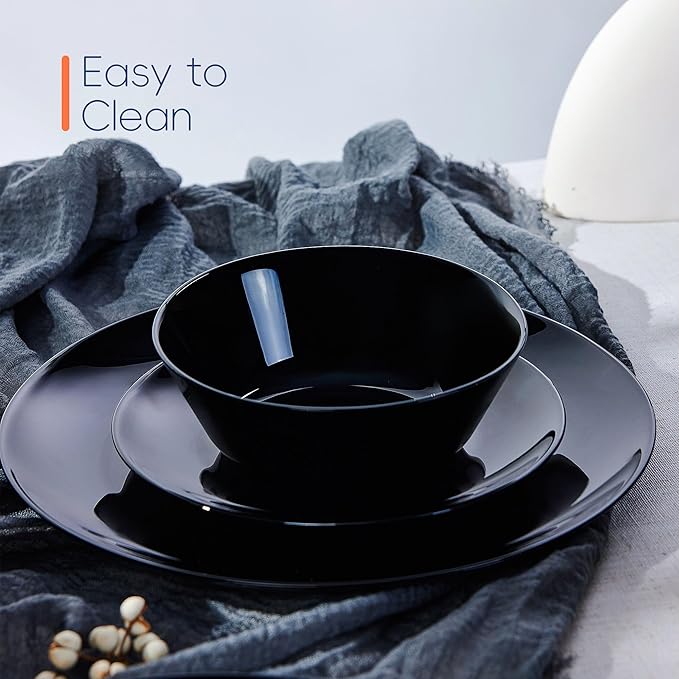 Dinnerware Sets for 4, LaGlint 12 Pieces Opal Glass Plates and Bowls Set, Dishwasher and Microwave Safe Dish Dinning Ware, Chip and Scratch Resistant Dishware Black