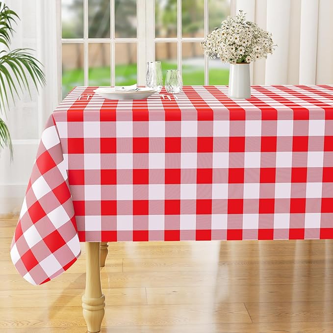 misaya Rectangle Waterproof Vinyl Table Cloth, Buffalo Flannel Backed Tablecloth, Wipeable Plastic Table Cover for Valentine's Day, Dinner, Kitchen, Outdoor (52" x 70", Red and White)