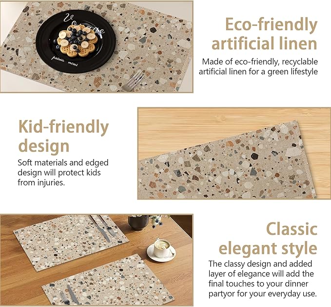 Placemats, Terrazzo Granito Pattern Placemats 12x18 Inch Waterproof Non-Slip Washable Table Mats for Kitchen Dining Party Table Decor,Set of 6