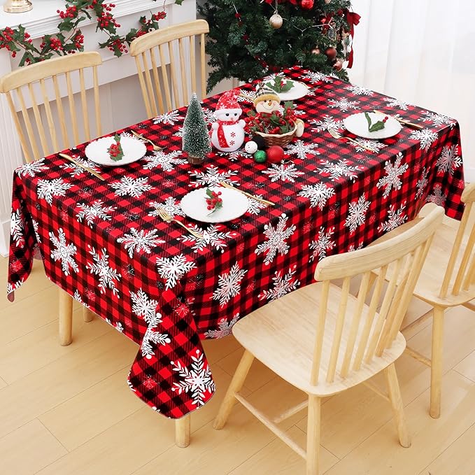 Smiry Christmas Rectangle Table Cloth, Waterproof Vinyl Tablecloth with Flannel Backing, Wipeable Bufflo Checked Snowflake Plastic Tablecloths for Christmas Table Decorations, (60"x120", Black & Red)