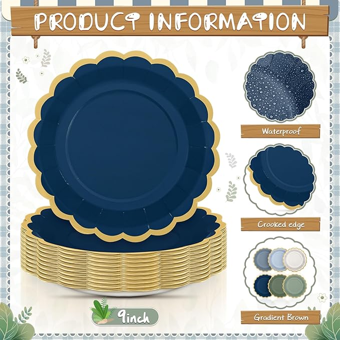 96 Pcs Dusty Blue Sage Green Paper Plates 9 Inch Green Blue Scalloped Paper Disposable Dinner Dessert Plates for Birthday Wedding Bridal Party Supplies, 6 Colors