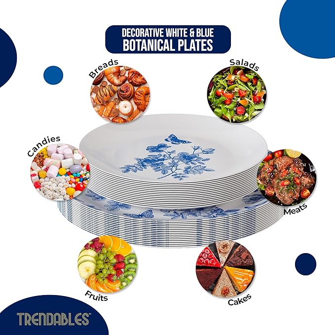 Trendables Disposable Plates For Party Supplies | Blue Floral Plastic Plates For Wedding 80 Pcs - 40 X 8 & 40 X 10 Dinner Plate Sets | Floral Plate Set Disposable Plastic Dinnerware Sets
