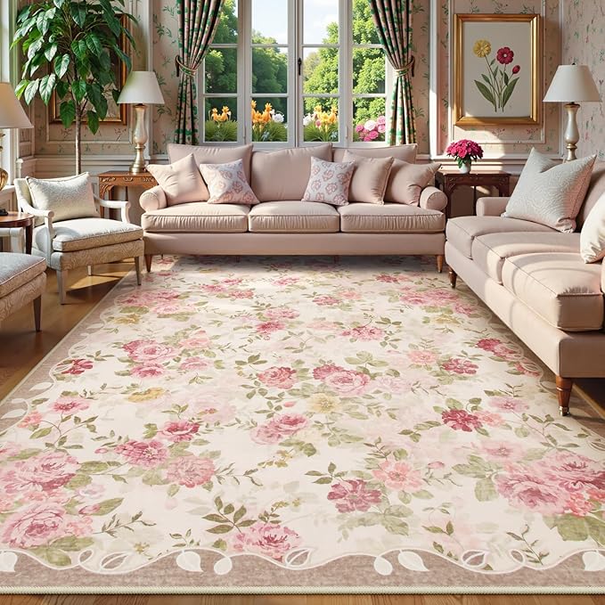 Lahome Vintage Floral 8x10 Area Rugs,Soft Living Room Rugs Boho Large Area Rug Machine Washable, Low Pile Pink Rugs for Bedroom Girls Carpet for Nursery Rug Playroom Dining Room(8'X10',Beige)