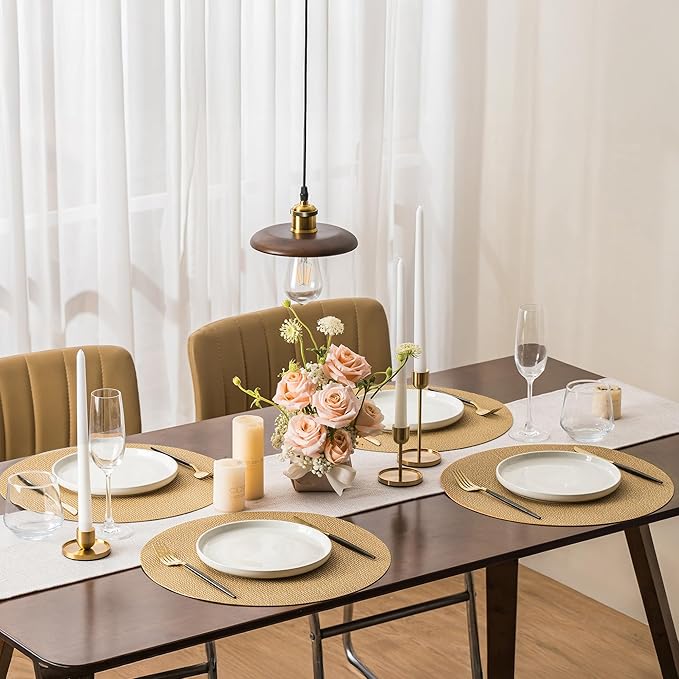 Jovono 15" Faux Leather Big Round Placemats Set of 6 - Washable Heat Resistant Non-Slip Dining Table Mats with Fabric Texture for Kitchen Home Party Decor, Yellow