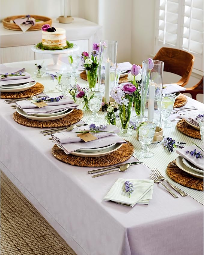 Solino Home Lilac Linen Tablecloth 60 x 132 Inch - 100% Pure Linen Hemstitch Table Cloth for Rectangle Tables - Classic Hemstitch, Machine Washable Tablecloth for Valentines, Spring, Easter
