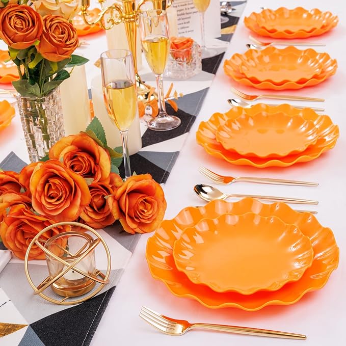 LIYH 24 Pcs Orange Plastic Plates Reusable Orange Plates Scalloped Plastic Plate for Holiday Party Dishwasher Safe Sturdy Reusable (12 Guests) Suitable for Holiday Gatherings