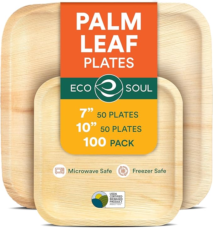 ECO SOUL Palm Leaf Square Plates 7" & 10" (100 Count) Compostable|Biodegradable| Eco-Friendly Disposable Party Plates for Appetizers - Dinner Parties, Wedding & Events