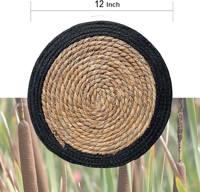 ANDSTAR Round Woven Placemats Set of 6, 12"x12", Natural Wicker Placemats, Water Hyacinth Straw Braided Placemats,Boho Place Mats for Farmhouse, Rustic Table (Water Hyacinth + Black Cotton Rope)