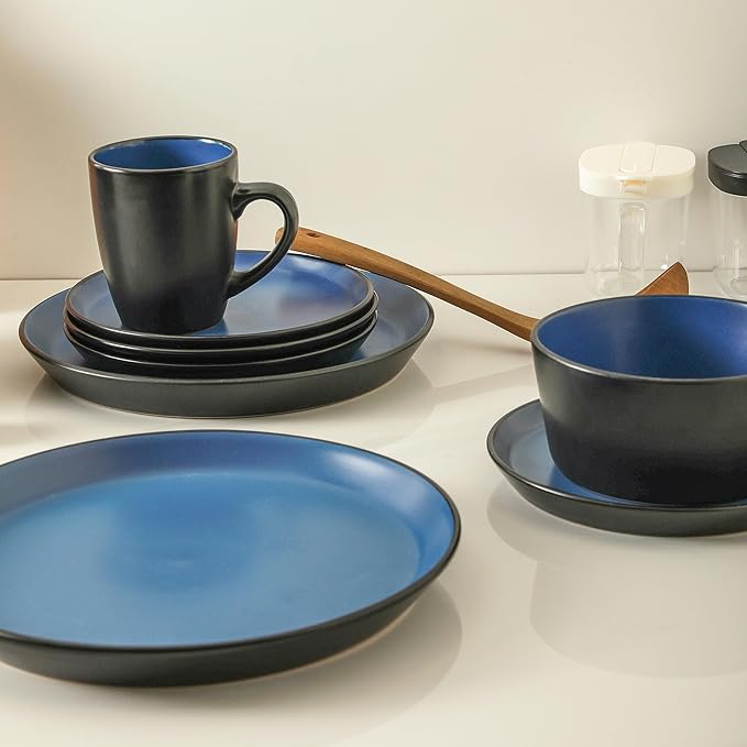 SERVICE FOR 8 - Total of 32 pieces including 8 dinner plates (10”), 8 salad plates (7.5”), 8 bowls (5.75”), and 8 mugs (12 oz), making it the perfect set to service 8 people